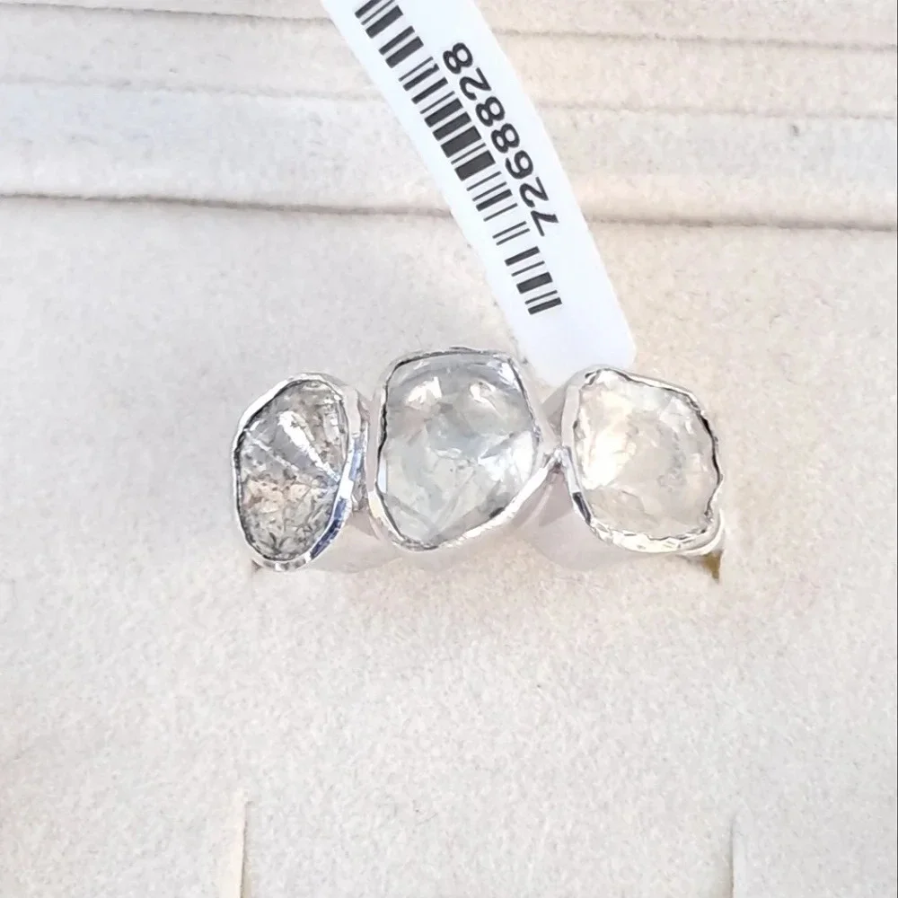 Natural Polki Diamond 3 Stone Ring In 925 Sterling Silver - Picture 1 of 5